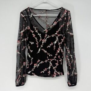 WHBM XS Black Mesh Floral Embroidered V-Neck Top Sheer Sleeve Whimsigoth Fairy